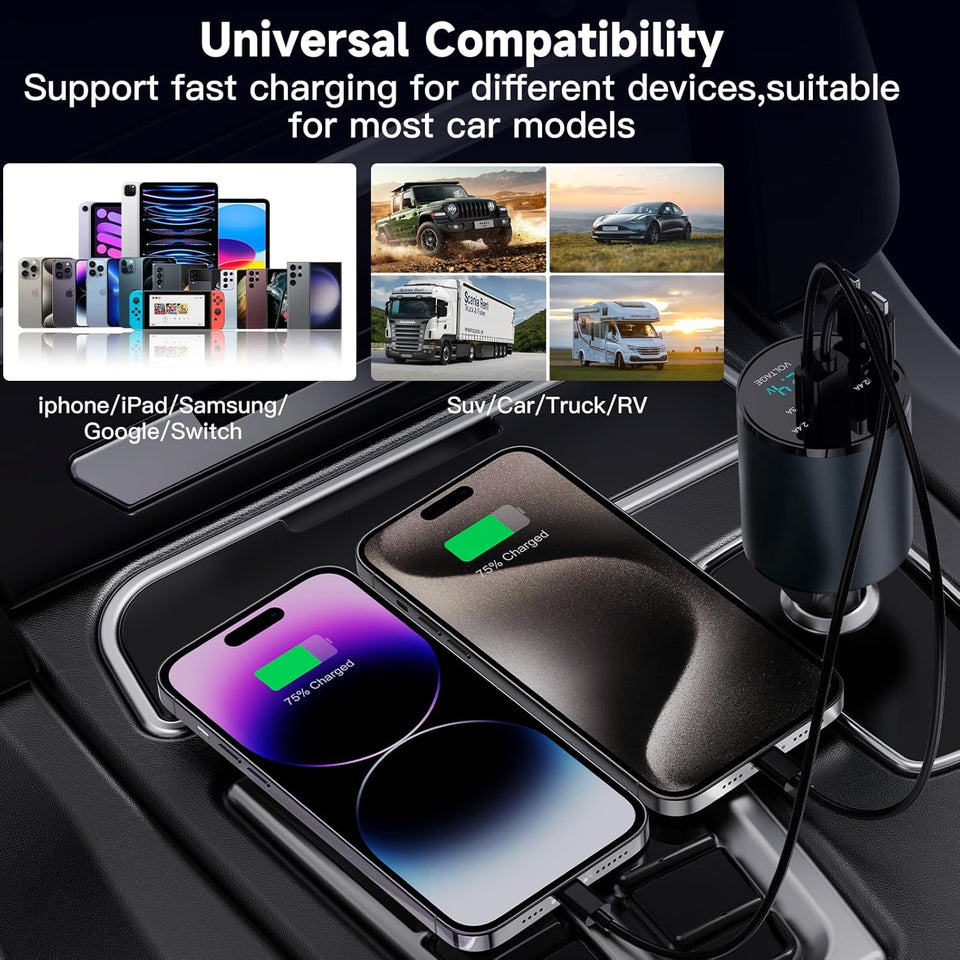 Retractable Car Charger, 4 in 1 Fast Car Phone Charger 60W for iPhone and USB C Car Charger, 2 Retractable Cables and 2 USB Charging Ports (USB C+Lightning Retractable Cords)