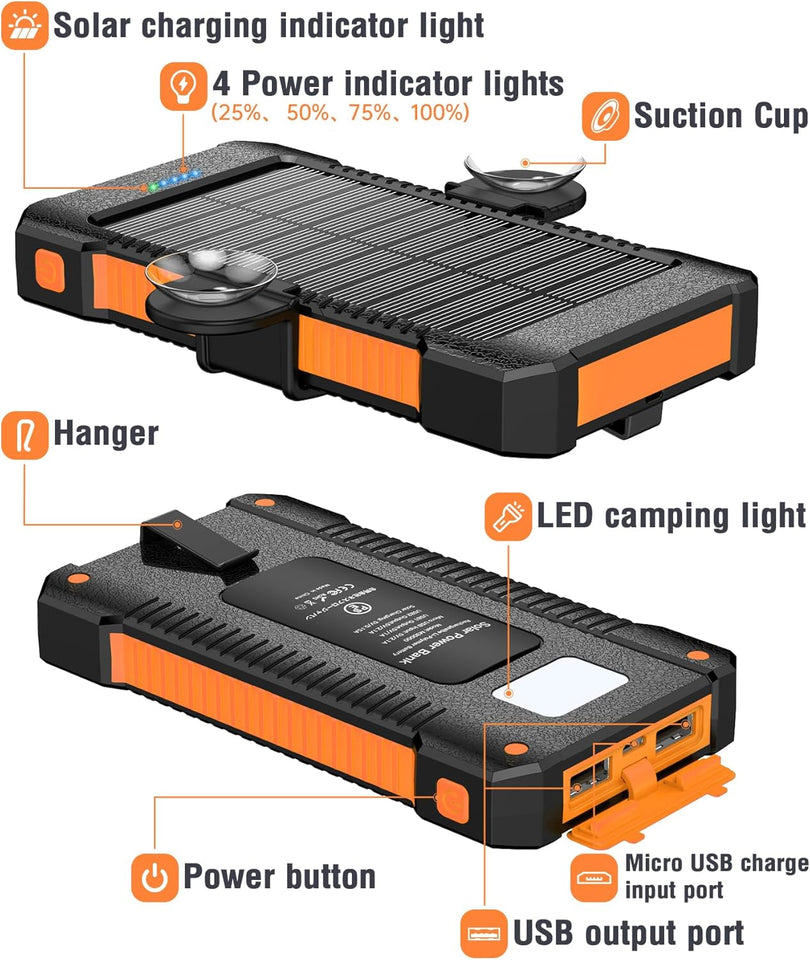 Solar Power Bank 38800mAh Portable Solar Charger 3 Ports Power Bank External Batteries 3 Solar Panels with Flashlight Light/SOS/Strobe (Orange, 38800mAh)