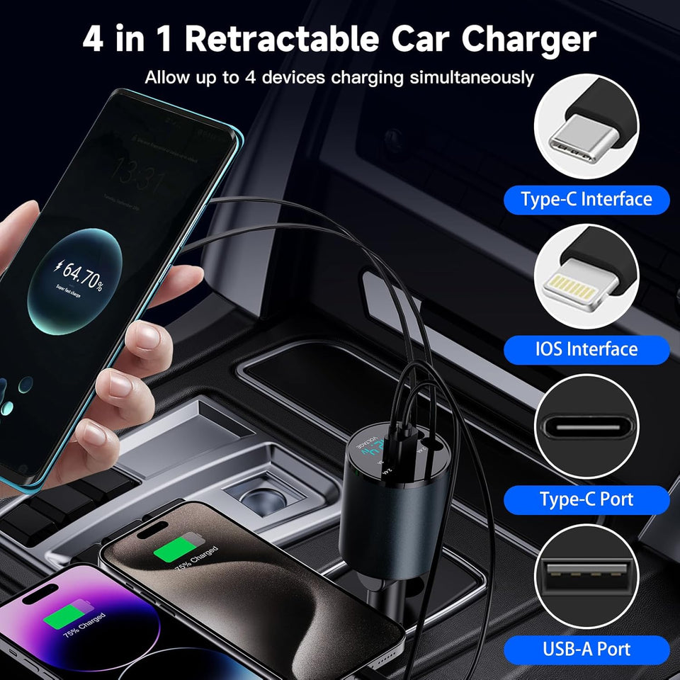 Retractable Car Charger, 4 in 1 Fast Car Phone Charger 60W for iPhone and USB C Car Charger, 2 Retractable Cables and 2 USB Charging Ports (USB C+Lightning Retractable Cords)