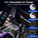 Retractable Car Charger, 4 in 1 Fast Car Phone Charger 60W for iPhone and USB C Car Charger, 2 Retractable Cables and 2 USB Charging Ports (USB C+Lightning Retractable Cords)