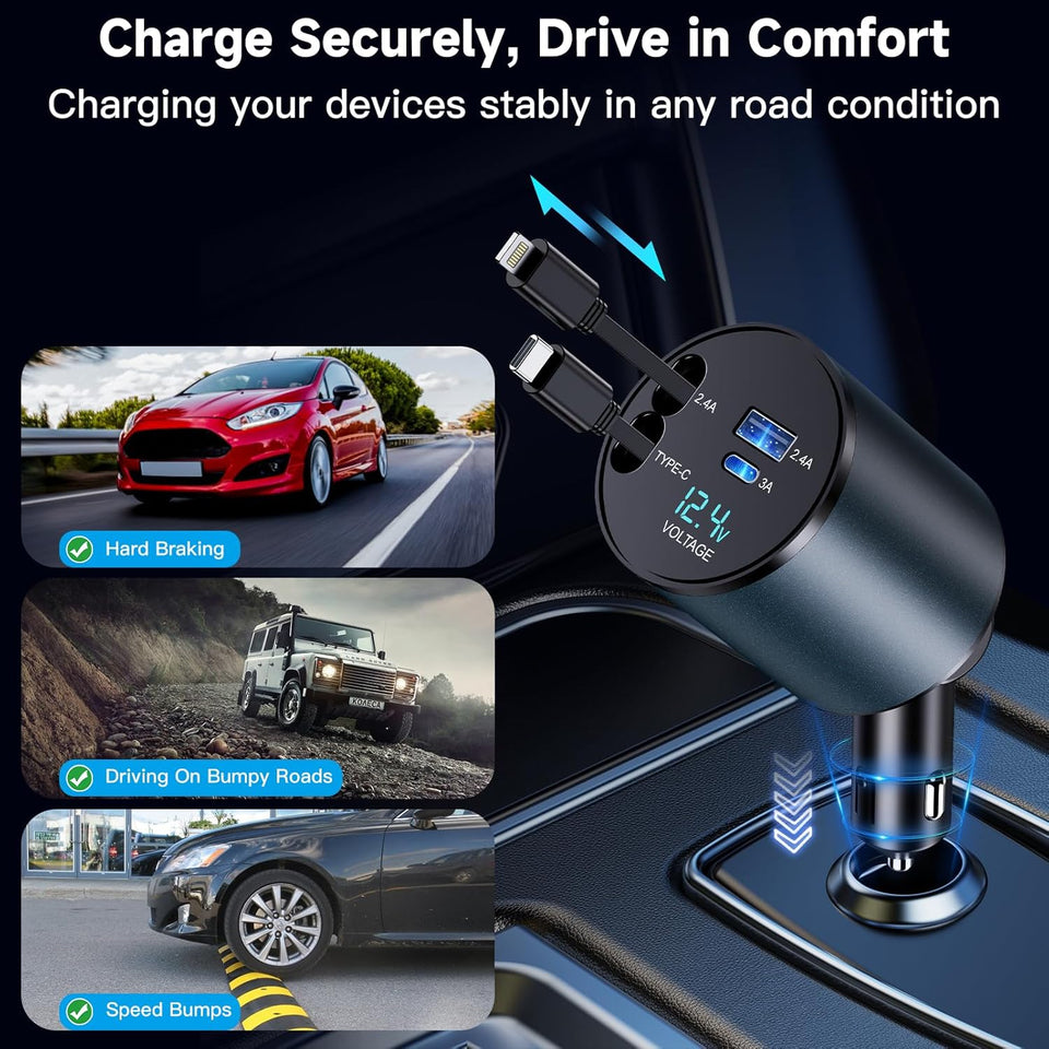 Retractable Car Charger, 4 in 1 Fast Car Phone Charger 60W for iPhone and USB C Car Charger, 2 Retractable Cables and 2 USB Charging Ports (USB C+Lightning Retractable Cords)