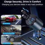 Retractable Car Charger, 4 in 1 Fast Car Phone Charger 60W for iPhone and USB C Car Charger, 2 Retractable Cables and 2 USB Charging Ports (USB C+Lightning Retractable Cords)