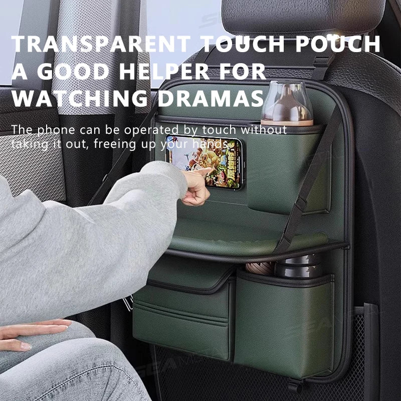 Pocket Car Organizer with Folding Table Tissue Anti Kick Pad Cup Holder